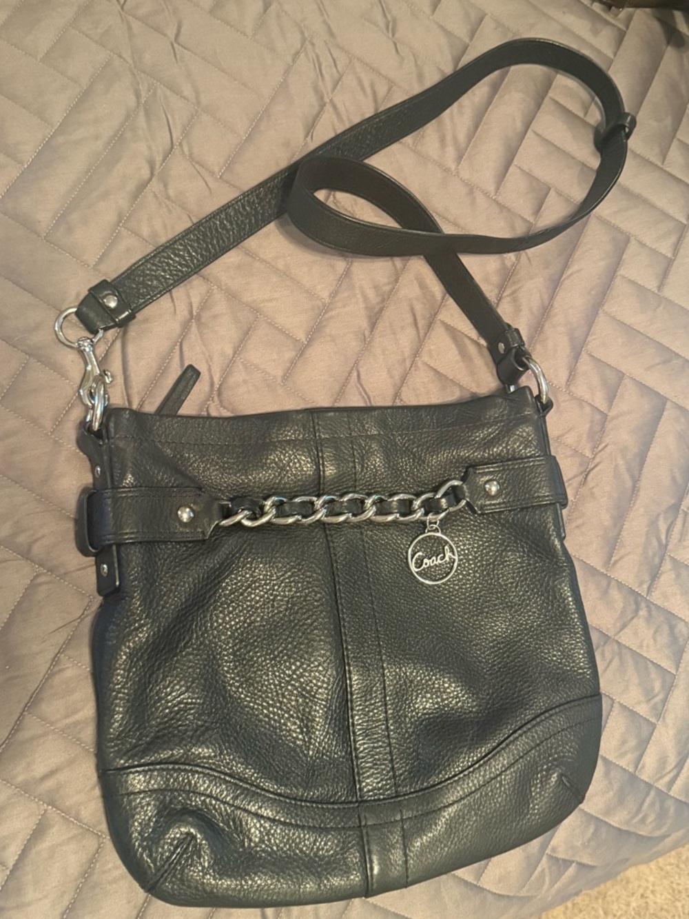 Vintage Coach Grey Pebbled Leather Chain-Accent Crossbody